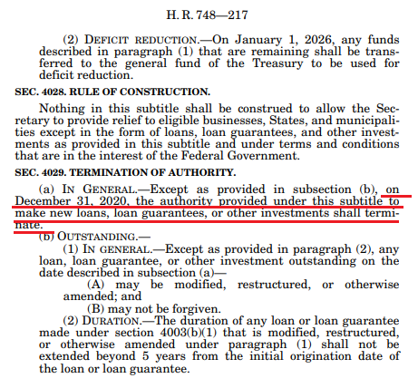 Sections 4027 and 4029 say that the Treasury use any of the $500 billion Congress appropriated, including the $454 billion reserved for Fed lending programs, to make "new loans, loan guarantees, or other investments."