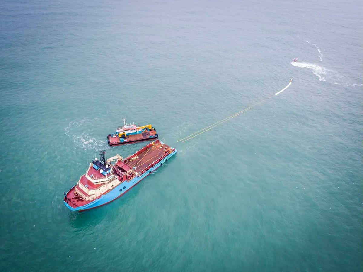 TheOceanCleanup's tweet photo. In preparation of launching our ocean cleanup System 002, we are finally back offshore on the North Sea to test the plastic retention system with our partner @Maersk / @MaerskSupply. https://t.co/iP4jLNSS14