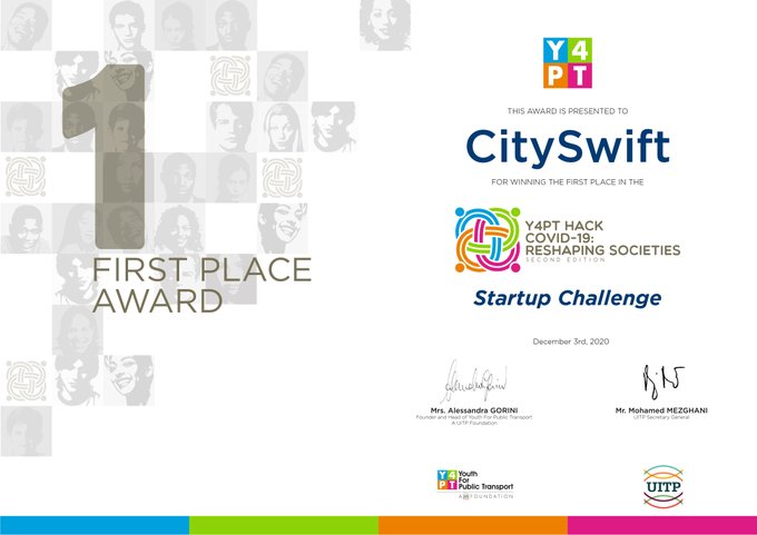 CitySwift's tweet photo. We can't believe it!  We are delighted to be the winners of the #ReshapingSocieties #StartupChallenge!
#SWIFTCONNECT uses AI, Big Data &amp; Machine Learning to make accurate public transport capacity predictions on a stop-by-stop basis. @UITPnews @IT_TRANS https://t.co/ouyItdIjfc