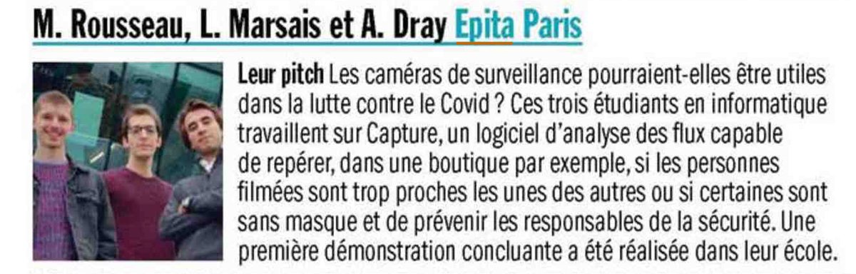 EPITA's tweet photo. [EPInthepress] 📰 "Pas encore 25 ans, étudiants ou à peine diplômés, et déjà ils innovent contre le Covid-19 avec des solutions en matière de distanciation physique [...]" @MagazineCapital zoom sur @CaptureAnalysis, une start-up d'EPItéens passés par @epitastartuplab ! https://t.co/VQNpuhvaYx