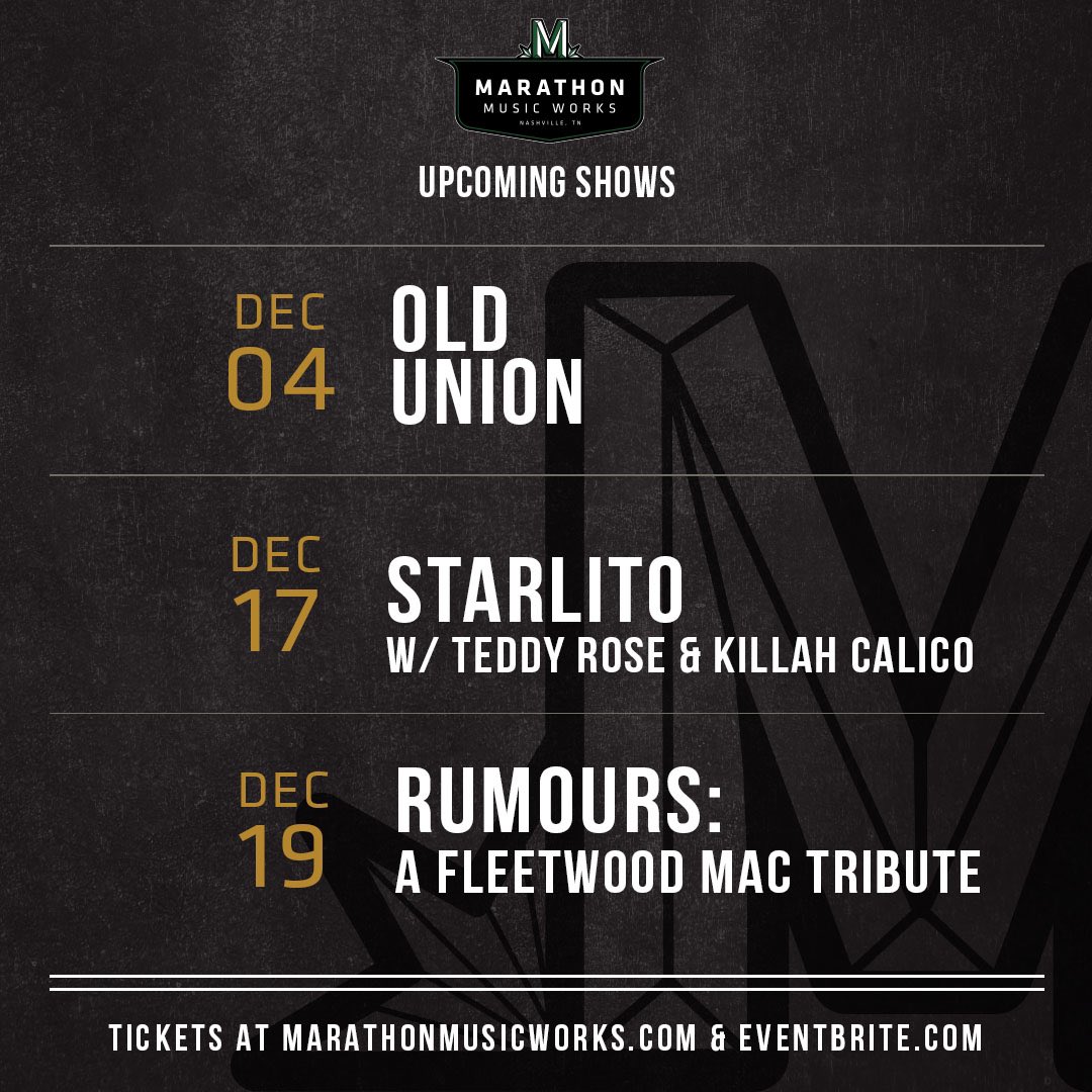 👀 Just a few more (socially distant) shows in 2020 - don’t miss out! 

•12/4: Old Union 
•12/17: <a href="/LITO615/">All Star or STARLITO</a> w/ <a href="/TeddyRoseLife/">Teddy Rose</a> &amp; Killah Calico  
•12/19: <a href="/rumoursatl/">Rumours</a>: A Fleetwood Mac Tribute

🎟 → marathonmusicworks.com
Safety Guidelines → marathonmusicworks.com/faqs/