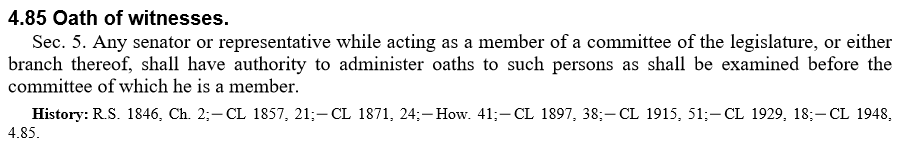 When Chairman Hall declared "I'm not going to allow that" in response to  @DarrinCamilleri exercising his right to place Mr. Giuliani under oath/affirmation, he acted without authority. Again, the right belongs to each Member, not the committee nor the Chairman. See MCL 4.85. 3/7