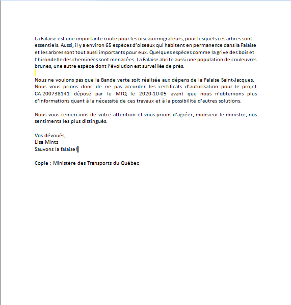 Voici notre lettre au Ministère de l'Environnement concernant la coupe de 500 arbres dans la falaise St-Jacques demandant de ne pas émettre de certificat d'autorisation. #polqc  #polmtl @charetteb @mtq_turcot <a href="/SauvonsFalaise/">Sauvonslafalaise</a>