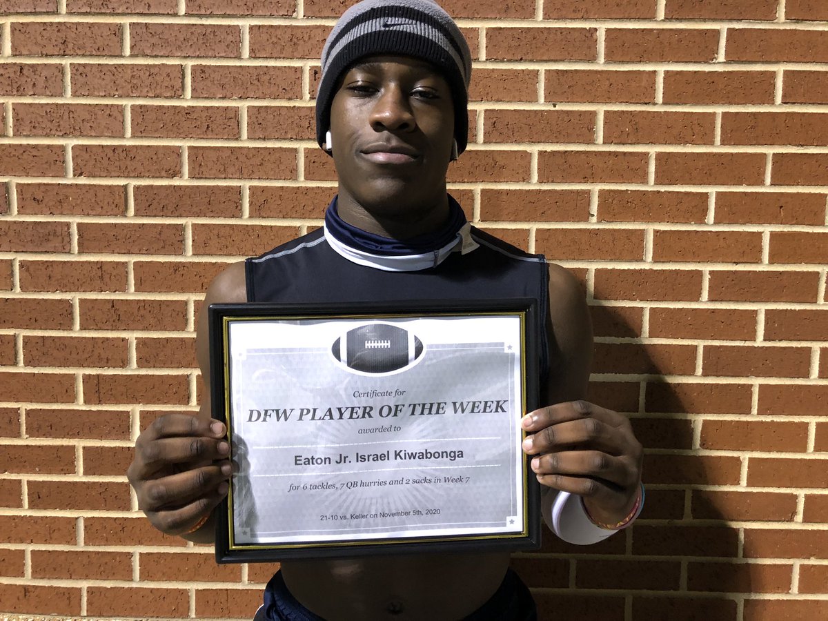 Congrats to @EatonEagleFB junior Israel Kiwabonga on Week 7 DFW defensive player of the week! #txhsfb @NISDAthletics @emiller_ram93 @CoachRegalado https://t.co/bPGjvv3K89