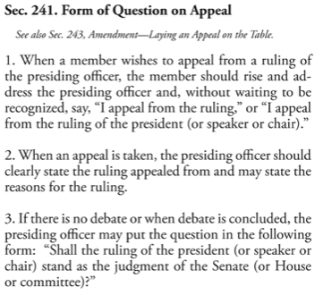 Chairman Hall presented Rep.  @DarrinCamilleri's appeal as "a motion to appeal the ruling of the chair." Of course, it's not a motion at all and that's not the proper form under Mason's. See Mason’s, § 241, ¶ 3, p 191. 5/7