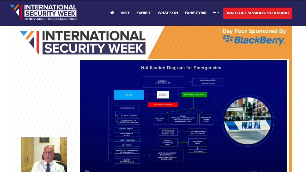 ISE_Expo's tweet photo. There is a huge number of people who need to be notified about an incident. If you do it by phone it can take 90 minutes. "At @BlackBerry, our solutions we can reduce that down to 6 minutes," says Chris Ullah, Solutions Expert - BlackBerry. #ISWeek2020 https://t.co/kJvwinWGSa