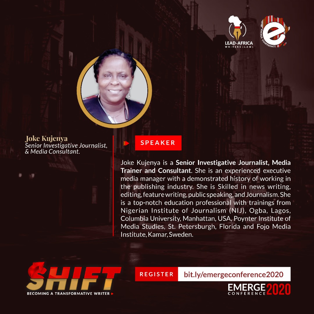 Leadafricawrite's tweet photo. * Meet the speakers for Emerge'2020 *
Joke Kujenya is a senior investigative journalist and consultant with many achievements under her hat.
We can't wait to learn from her.
#shift2020 #Emerge2020
#leadafricawriters #writerscommunity https://t.co/1exKl1Bntn