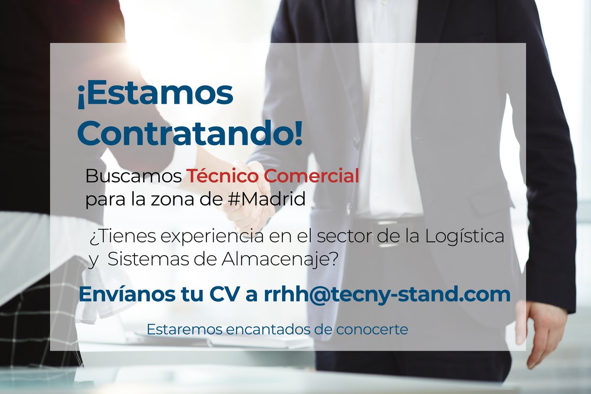 TecnyStand's tweet photo. Estamos #contratando. Buscamos un perfil para #técnico #comercial para la zona de #Madrid.
¿Tienes experiencia en el sector de los sistemas de almacenaje? ¡Contáctanos! #almacen #almacenamiento #paletizacion #logistica #metal #supplychain #tecnystand https://t.co/ZaoVesPeM7