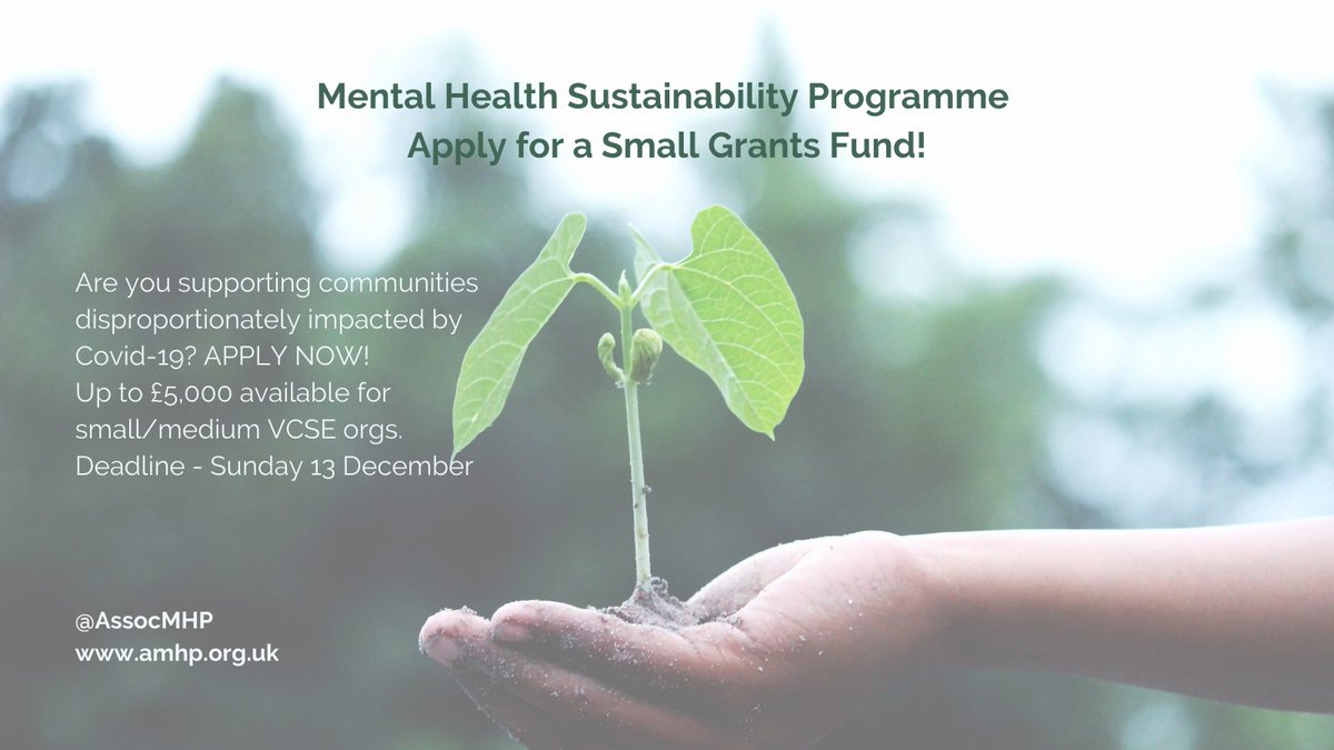 📢GRANTS FUND to support small-medium #VCSE #MentalHealth providers working w/ communities disproportionately impacted by #Covid19 - Looking to support sustainability of sector, orgs w/turnover £25-500k can apply!

💷Grants up to £5k
⏰Deadline - 13 Dec
🔗amhp.org.uk/our-work/mh-su…