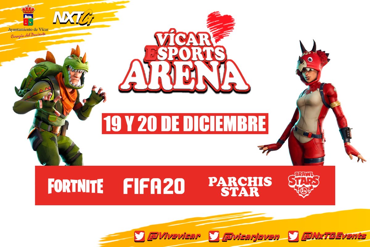 vicarjoven's tweet photo. 🎮 VÍCAR eSPORTS ARENA. Competición online de ⚽️Fifa 20🦾Fortnite 🎲Parchis Star y💀Brawl StarS. 
Inscripciones por correo en vicar@nxtg.pro hasta el día 13/12. 📧 👇
•Nombre
•Dirección
•Juego
•Nick/Id
•Correo
•Teléfono
+Info. @NxTGEvents y vicar@nxtg.pro
#ViveVicar #Vicar https://t.co/U26kvf2nLW