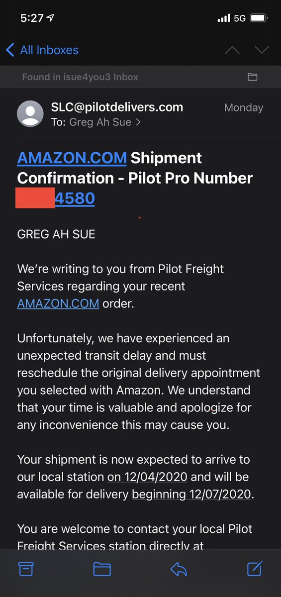 grebonix's tweet photo. @PilotFreight was scheduled to deliver a tv into my living room on Tuesday, (Dec 1) between 11am-2pm. They emailed me on Monday (Nov 30) saying they had an unexpected delay and couldn’t make the delivery. No big deal...until they lied to @amazon saying I requested the reschedule. https://t.co/sAnGehrf0J
