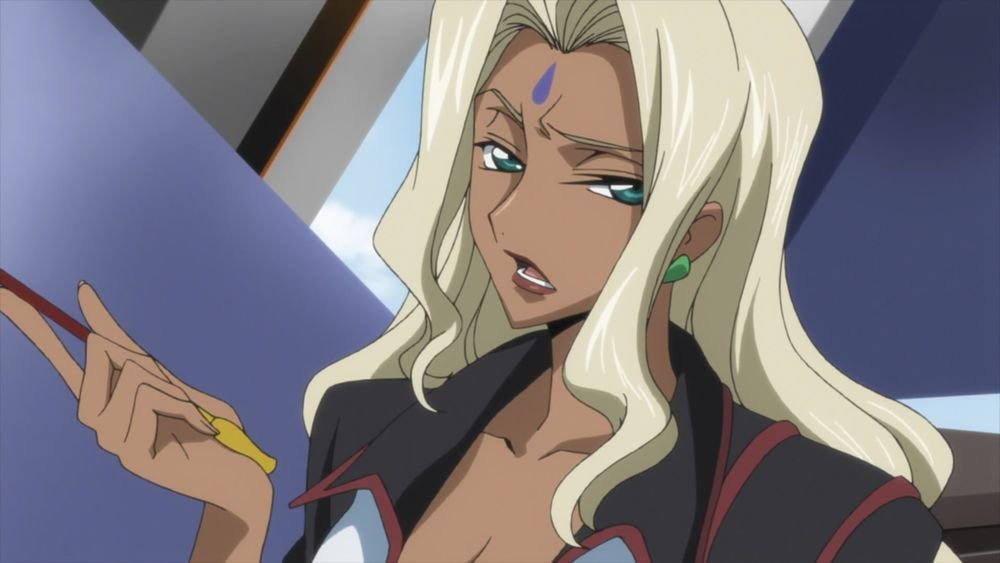 INDIANS: Female examples 1. Rakshata Crawla, Code Geass 2. Ralli Vincent, Gunsmith Cats (half-Indian)3. Janet Bhai, Black Lagoon 4. Lalah Sune, Gundam series