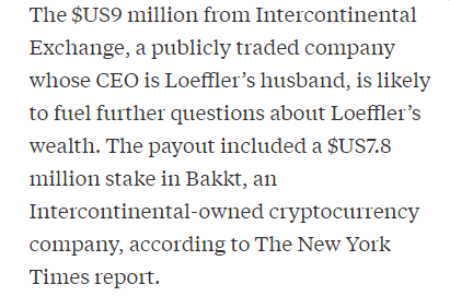 In fact, she received a massive $9 million dollar payout from ICE. The payout included a $7.8 million stake in Bakkt.Conflicts of interest anyone? https://www.nytimes.com/2020/05/06/us/politics/kelly-loeffler-compensation.html