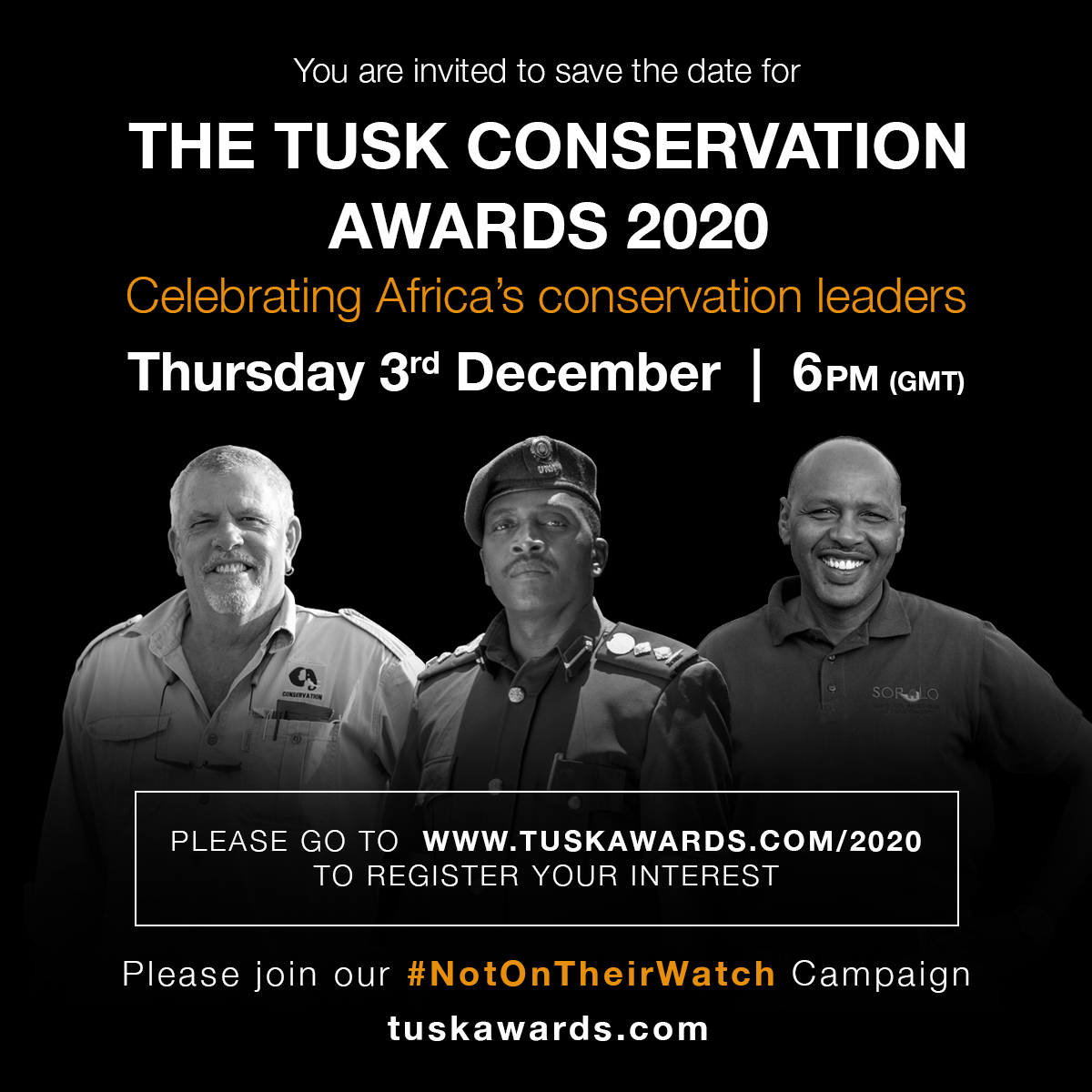 Extinction, loss of habitat and human-wildlife conflict? #NotOnTheirWatch. #LandRover is pleased to be part of the #TuskAwards on 3rd December, a virtual celebration of Africa’s conservation heroes. Join us live: tuskawards.com/2020
#NotOnTheirWatch #ForAllTheyDo @tusk_org