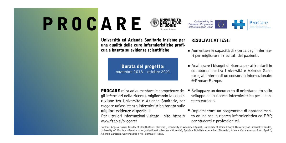 nursing_uniud's tweet photo. UniUd è partner del progetto internazionale @ProcareEurope con @EUErasmusPlus #Slovenia
#Ireland #Espana. Obiettivo migliorare competenze degli infermieri in #ricerca e incrementare cooperazione Università-Az.Sanitarie.
More info @👇🏻
https://t.co/3iZkijaV2Q 
#ProcareEurope
#nurse https://t.co/lf6lurRoER