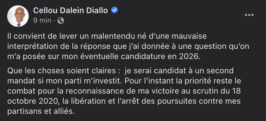 Cellou_UFDG's tweet photo. Que les choses soient claires :  je serai candidat à un second mandat si mon parti m’investit. Pour l’instant la priorité reste le combat pour la reconnaissance de ma victoire au scrutin du 18 octobre 2020, la libération et l’arrêt des poursuites contre mes partisans et alliés. https://t.co/q909oPJkpH