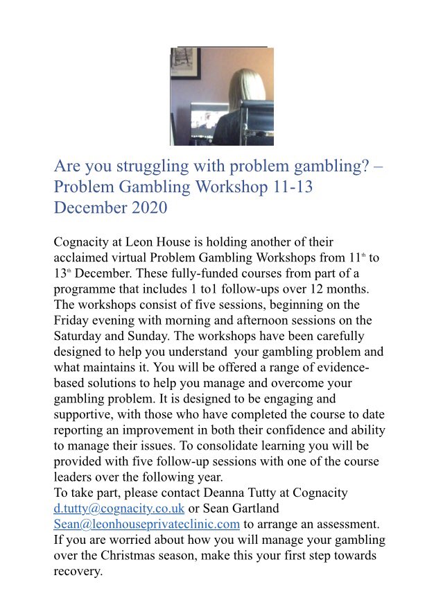 deanna_tutty's tweet photo. @Cognacity @LeonHouseClinic are running the next free virtual Problem Gambling Workshop 11-13 Dec #gambling #cognacity #addiction #mentalhealth https://t.co/z3ZqQ1h0pT