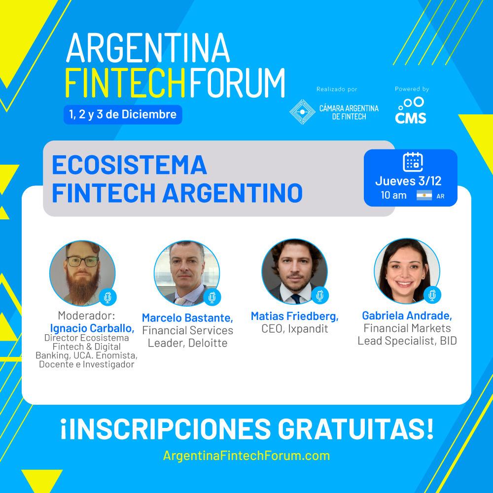 CamaraFintechAr's tweet photo. Conectate! En 5 minutos analizamos el ecosistema fintech argentino en #ArgentinaFintechForum. Y presentamos el informe #Fintech2020 con:
👉Marcelo Bastante (@DeloitteARG)
👉@matifriedberg (Ixpandit)
👉Gabriela Andrade (@el_BID)
👉@IECarballo
📲https://t.co/xF51YgeoTH https://t.co/cZphh3a5in