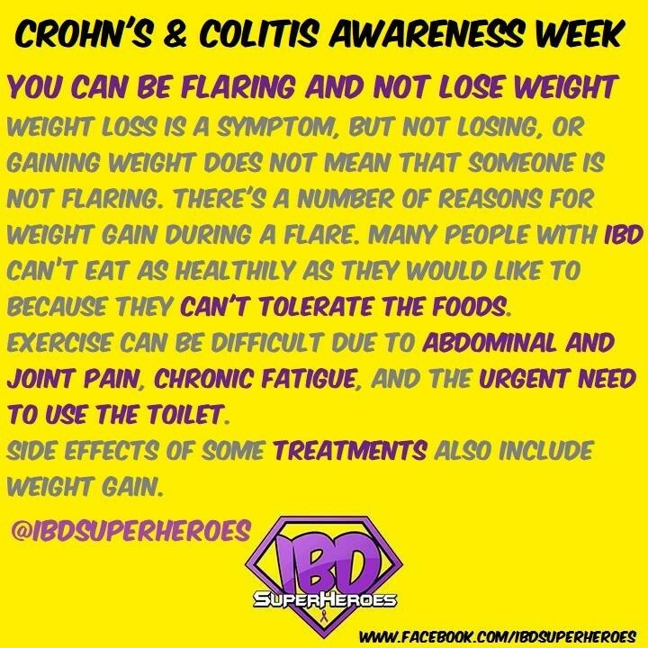 IBDSuperHeroes's tweet photo. #IBDSuperHeroes #CrohnsAndColitisAwarenessWeek FAQ & #IBD myths posts, from https://t.co/YmSMZtQu8s
You can be flaring and NOT lose weight.
#CCawarenesssWeek #IBDawarenessWeek #Crohns #Colitis #IBD #CrohnsDisease #UlcerativeColitis #IBDawareness #IBDV… https://t.co/ypKt6yFGq3 https://t.co/kbhMeAXW3w