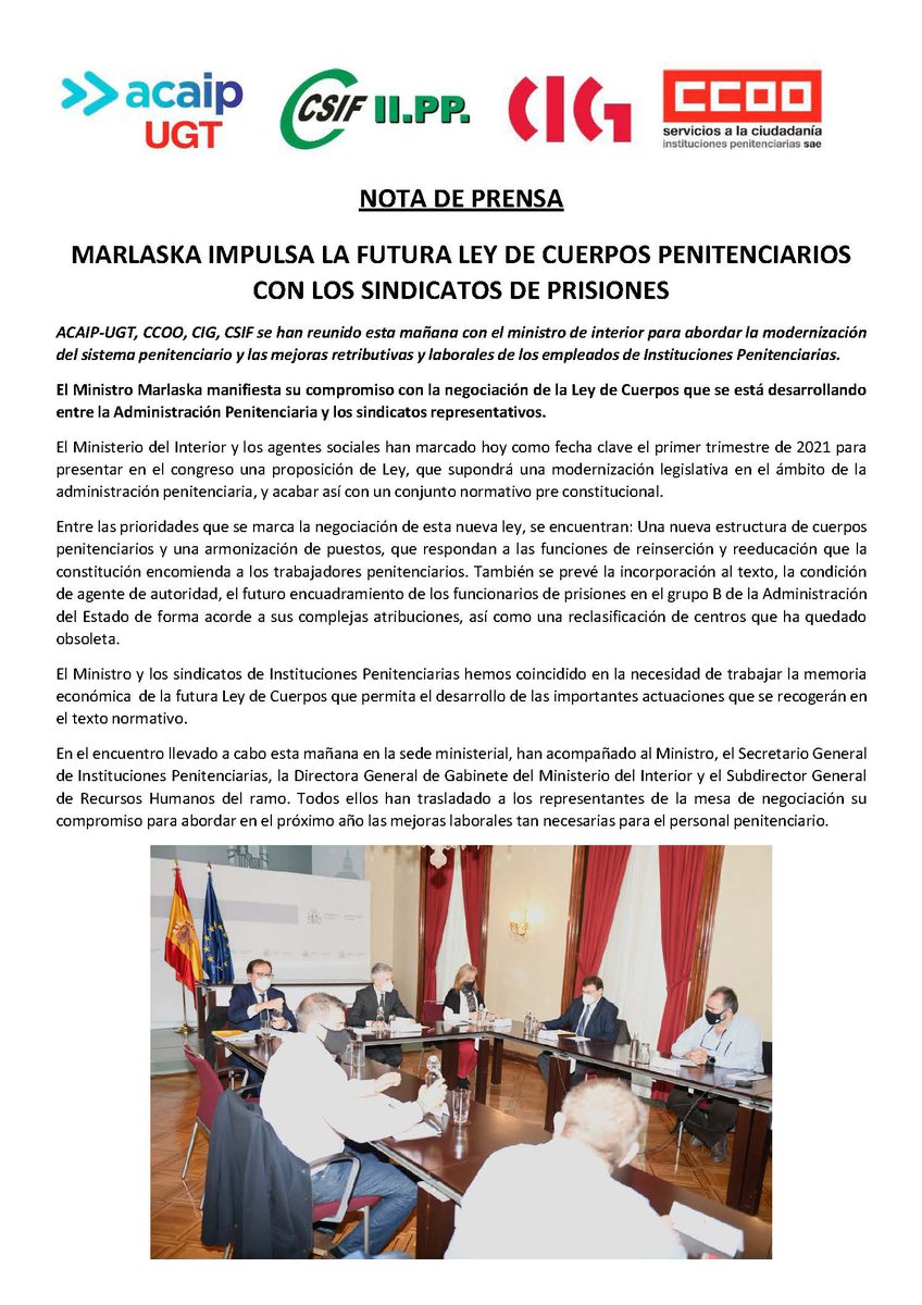 AcaipSindicato's tweet photo. Comunicado de prensa de la reunión de los sindicatos de prisiones con el Ministro del Interior y Secretario General de II.PP acerca de la negociación de la #leydecuerposiipp

@IIPPGob @interiorgob @AcaipSindicato https://t.co/IWQBpifJPc