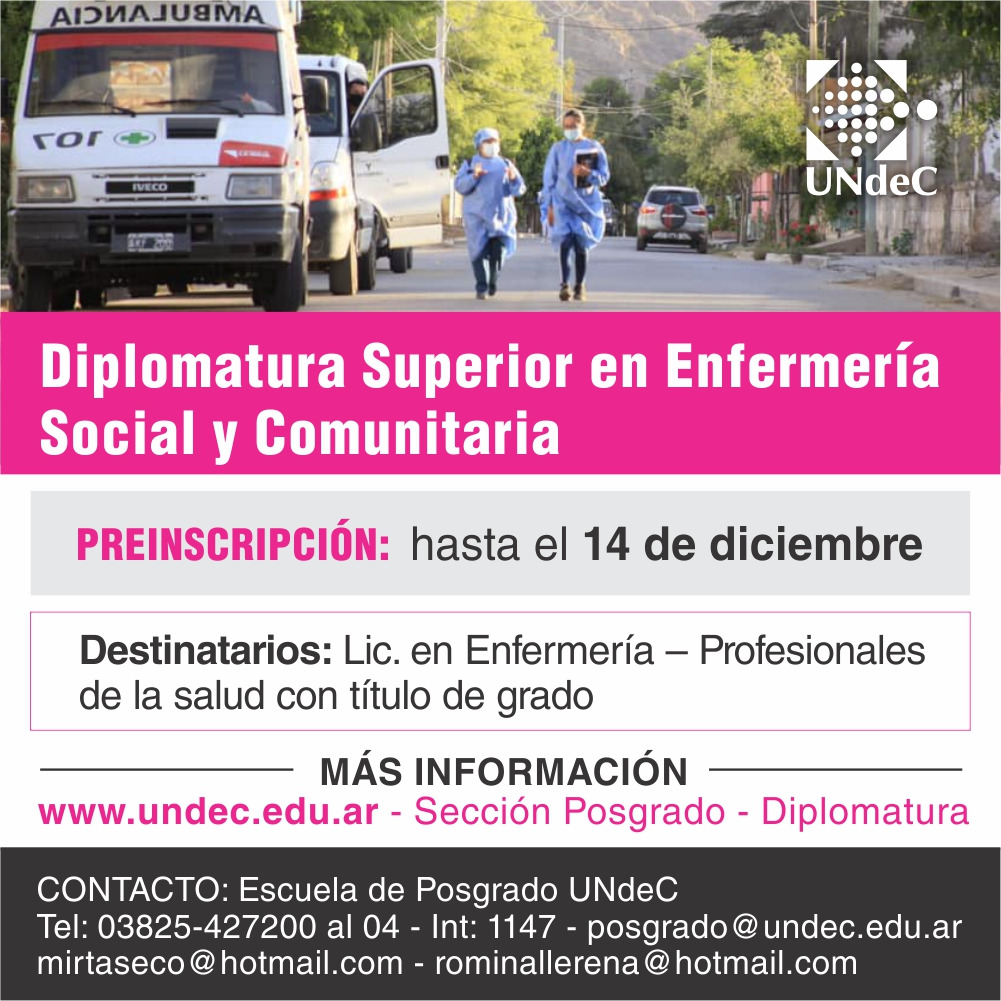 #Posgrado #Diplomatura 
¿Sos Licenciado en Enfermería o profesional de la salud con título de grado? ¿Querés adquirir conocimiento para el trabajo social y comunitario? La Escuela de Posgrado #UNdeC te ofrece la Diplomatura Superior en Enfermería Social y Comunitaria.