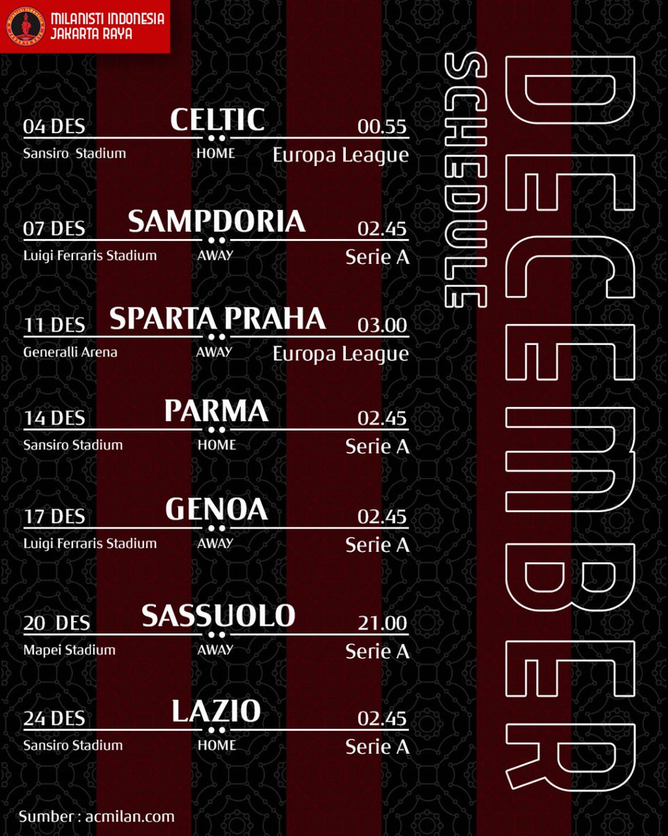 DECEMBER IS COMING!

Inilah jadwal laga yang akan dijalankan oleh AC Milan selama bulan Desember!

Laga yang mana paling kalian tunggu-tunggu nih guys?

#ACMilan #WeAreACMilan #ForzaMilan #Milanisti #MilanistiIndonesia