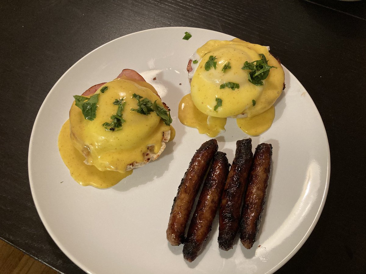 C_Posadny's tweet photo. Woke up to Eggs Benedict prepared by my wonderful husband for my birthday! Guys, this was his first time ever making hollandaise. Idc what @GordonRamsay says, I think he killed it. #quarantinebirthday https://t.co/7MWCYDkzfd