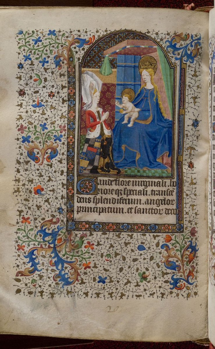 Here is the full page showing Lady Hoo, Eleanor Welles, kneeling before the Madonna and Child. Her gown (kirtle) shows her husband's coat of arms and her father's arms (Welles).