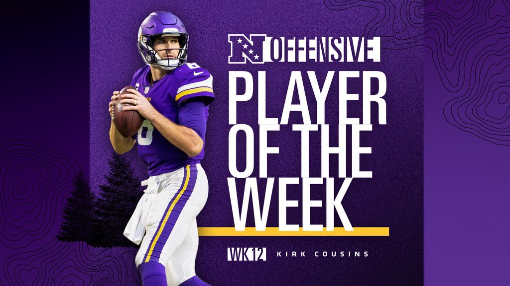 Vikings's tweet image. Captain Kirk!!

@KirkCousins8 has been named NFC Offensive Player of the Week.

#ProBowlVote