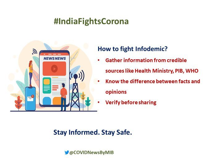 COVIDNewsByMIB's tweet photo. #IndiaFightsCorona:

📍How to fight infodemic ❓❓❓

↗️Gather information from credible sources like 
@MoHFW_INDIA, @PIB_India, @WHO 
↗️Know the difference between facts and opinions
↗️Verify before sharing

#StaySafe #Unite2FightCorona https://t.co/E0y6KL5KE2