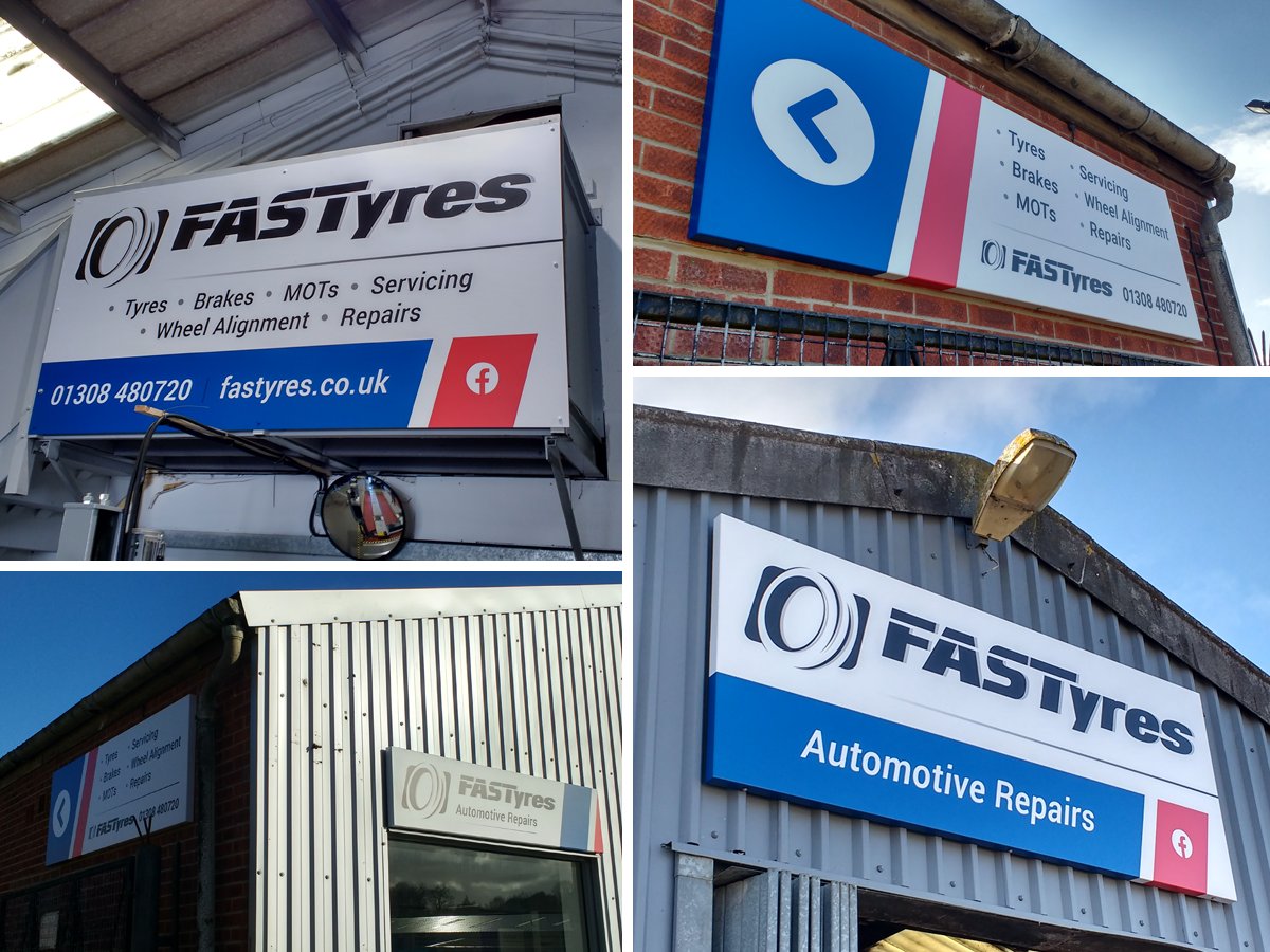 Exterior signage design, with install arranged for a newly established Automotive Repair centre in Bridport, Dorset. FASTyres Ltd #Bridport #Dorset #GarageBranding #GarageSignage #GarageMarketing