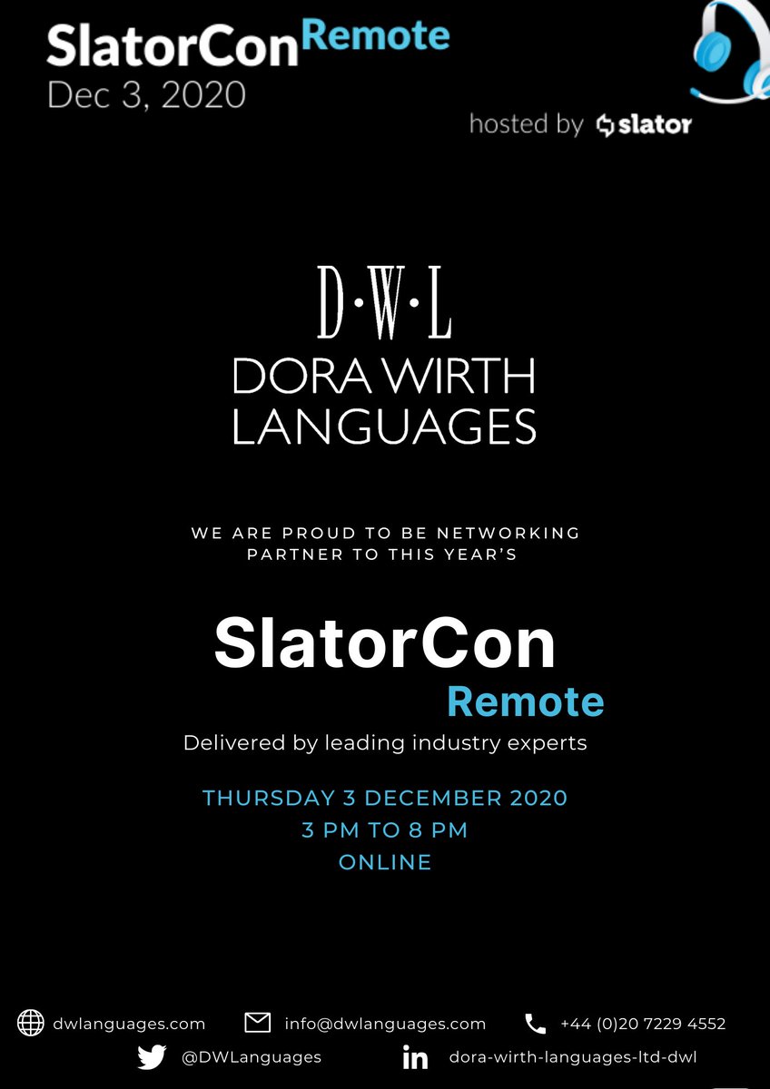 DWLanguages's tweet image. We&apos;re proud to be a networking partner for #SlatorCon 2020, taking place remotely today from 3pm GMT.

We&apos;re welcoming delegates at our virtual booth, and at our sponsored group discussion with our BD Director Eleni Andreou at 4.35pm @slatornews #slator