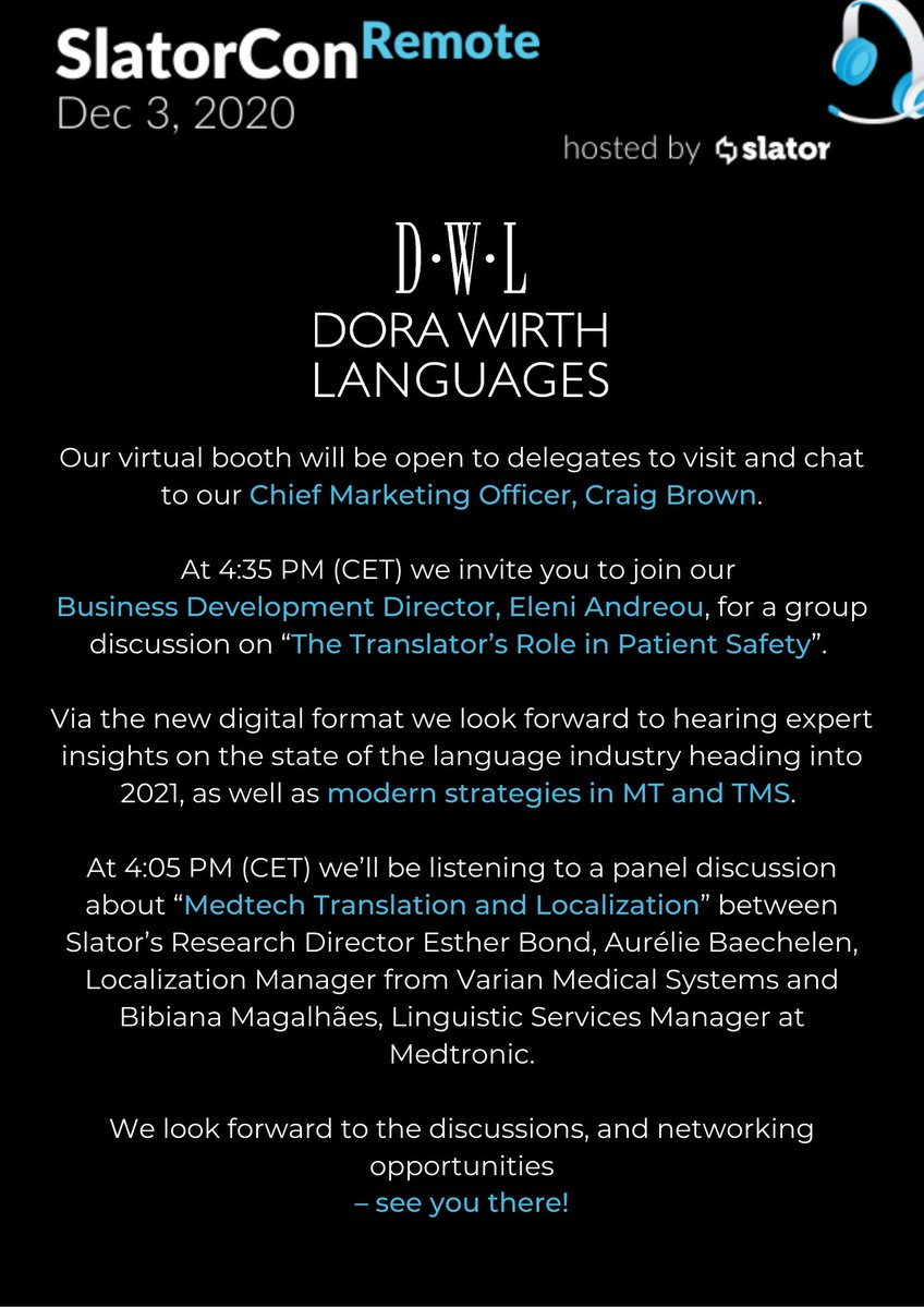 DWLanguages's tweet image. We&apos;re proud to be a networking partner for #SlatorCon 2020, taking place remotely today from 3pm GMT.

We&apos;re welcoming delegates at our virtual booth, and at our sponsored group discussion with our BD Director Eleni Andreou at 4.35pm @slatornews #slator