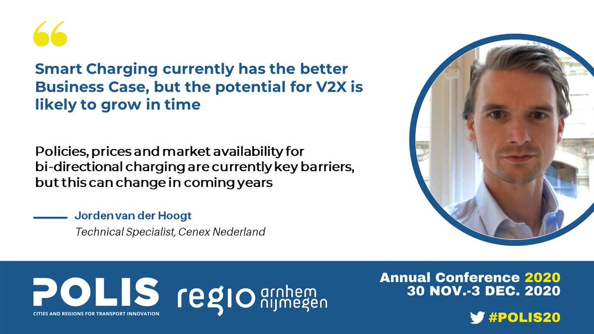 A key lesson learned from the 'Future-proof e-charging infrastructure' session during the #POLIS20 conference: "#smartcharging currently has the better business case, but the potential for #v2x is likely to grow in time" #v2g <a href="/POLISnetwork/">POLIS</a>