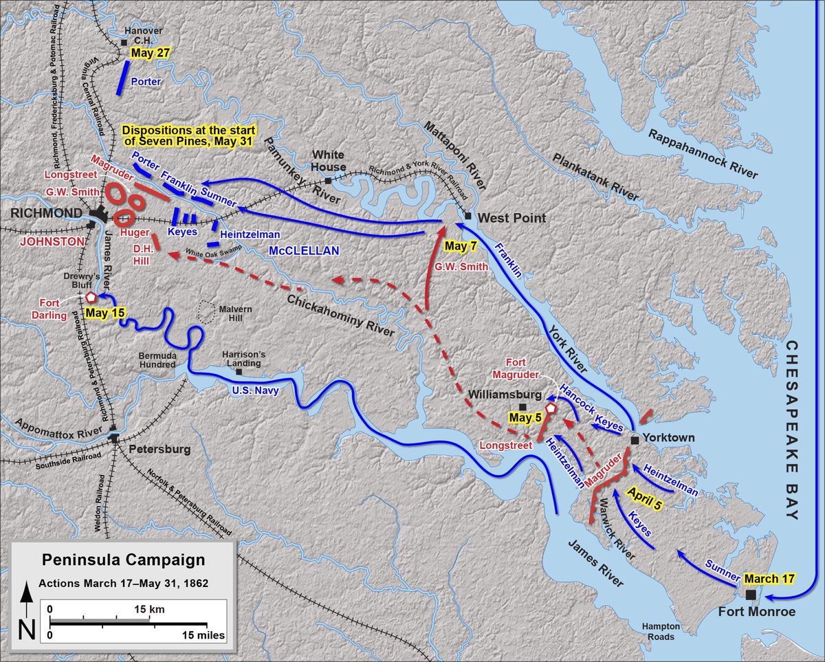 He finally launched a campaign on the Virginia Peninsula in the Spring of 1862, designed to take  @RichmondNPS and end the war. Slow to move, as usual, McClellan did ultimately maneuver to within site of the confederate capitol, but withdrew after losses in the Seven Days Battles.