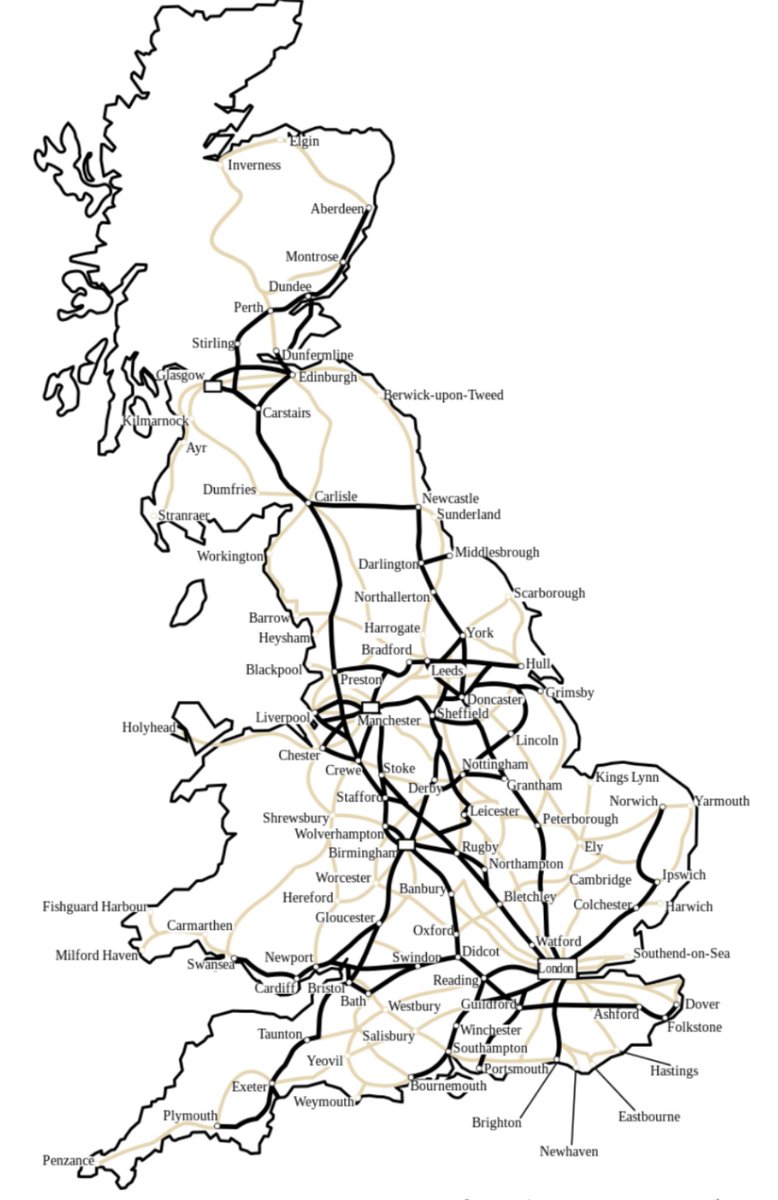 イギリス、右画像くらいまで鉄道を廃線にする計画があった。
ビーチング・アックス(ビーチングの斧)といい、当時のイギリス国鉄総裁リチャード・ビーチングによって提案されたものなのだが、日本の赤字83線や特定地方交通線よりもヤバい() 