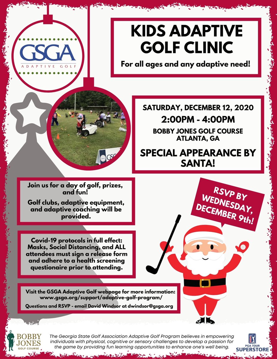 YELLFORE's tweet photo. New #kidsadaptivegolf ATL clinic is now scheduled for Sat Dec 12. The 12th works for Santa and we hope it does for you too! RSVP by 12/9. https://t.co/0GwVF5s3QK