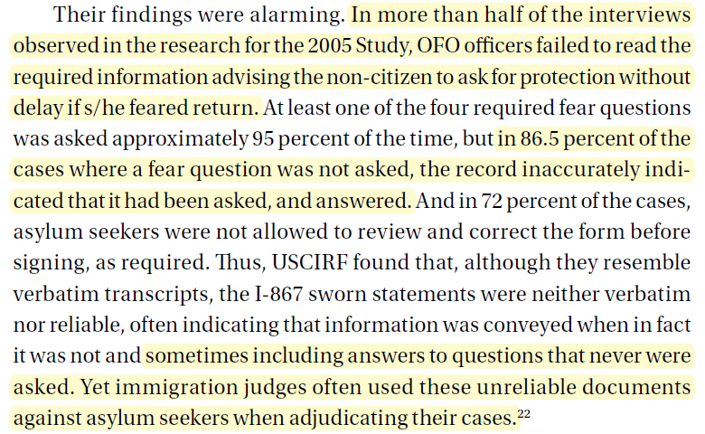 The USCIRF found that more than half of the time CBP didn't ask the person if they were afraid to return - and in 86.5% of those cases, the officer wrote on the paper that the question was asked and that the person wasn't afraid to return.