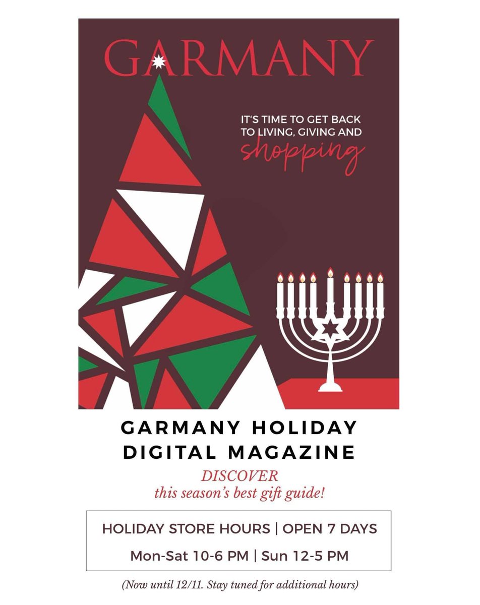 GARMANY's tweet photo. CLICK HERE for the Garmany Magazine Holiday Issue https://t.co/pjXQevx5Az WE'RE OPEN 7 DAYS Monday-Saturday 10-6 PM &amp; Sundays 12-5 PM 732.576.8500 🎁 https://t.co/PH6sb3eExM