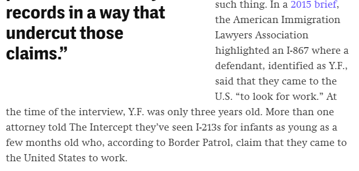 Both reports also identify multiple CBP forms I-213 that claim the person only came to the United States to work, even when the person is a toddler.