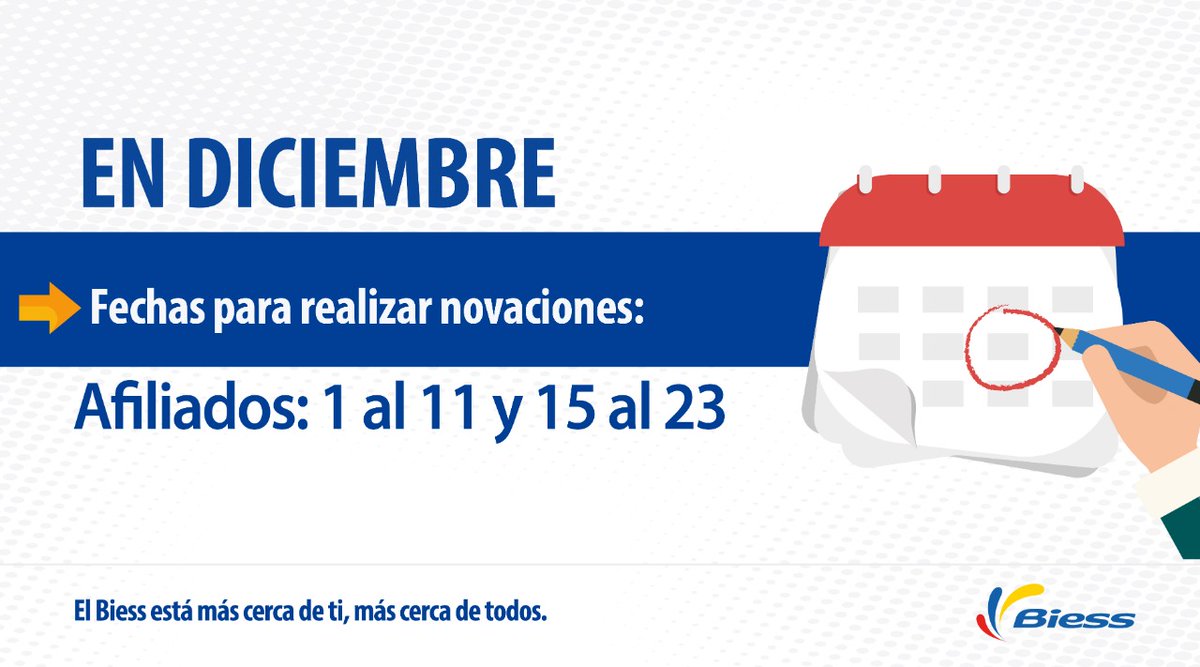 Biess Banco Del Iess Biessinforma Atencion Por Cierre Del Ano Fiscal Unicamente En Diciembre Las Fechas Habilitadas Para Novaciones De Quirografarios Cambian Aportamosalfuturo T Co Salnh4nxyk