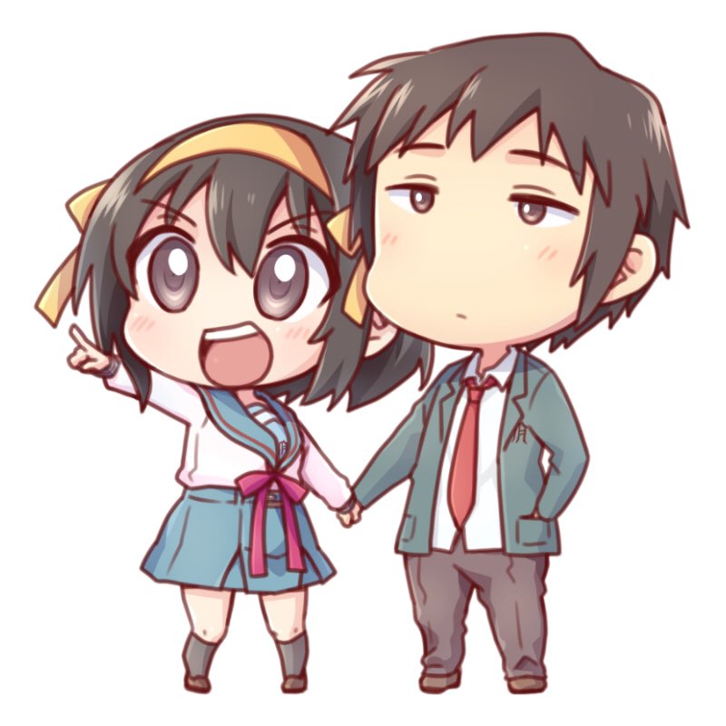 kyon ,suzumiya haruhi 1girl kita high school uniform 1boy school uniform blue sailor collar winter uniform chibi  illustration images