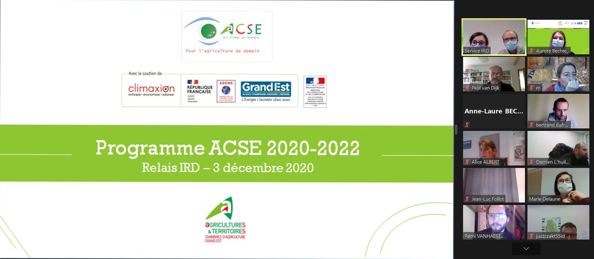 [ACSE]
Réunion avec les relais IRD en cours 👥

Ordre du jour :
🔸 Resituer la seconde programmation #Air #Climat #Sol #Energie 
🔸 Faire un point sur l'état d'avancement 2020
🔸 Présenter les actions prévues pour 2021
#Agriculture #GrandEst #ACSE #CASDAR <a href="/regiongrandest/">Région Grand Est</a> <a href="/ademe/">ADEME</a>