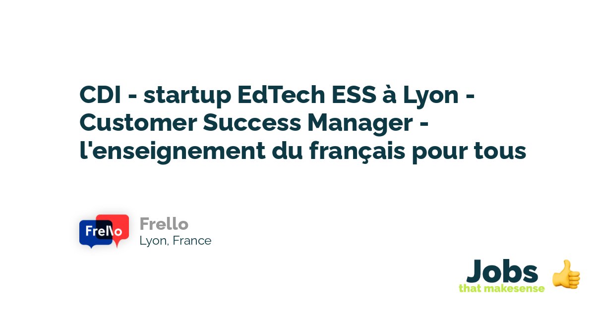 jobsthatmakese1's tweet photo. 🆕 Nouveau job publié : CDI - startup EdTech ESS à Lyon - Customer Success Manager - l'enseignement du français pour tous
🏬 Frello 🌎 Lyon, France

#ESS #emploi #socent #job
👉https://t.co/0meWf13C8n https://t.co/GlpqvIu4EI