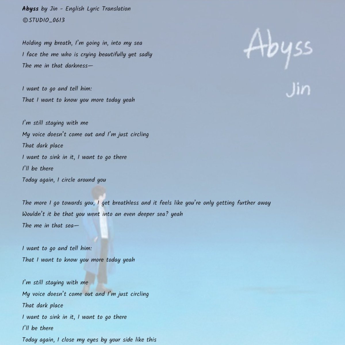 STUDIO_0613's tweet photo. #Abyss by JIN - english lyric translation
@BTS_twt 

we love you jin, thank you 🐹💜🥺🌊 https://t.co/RGsSF5r1z8