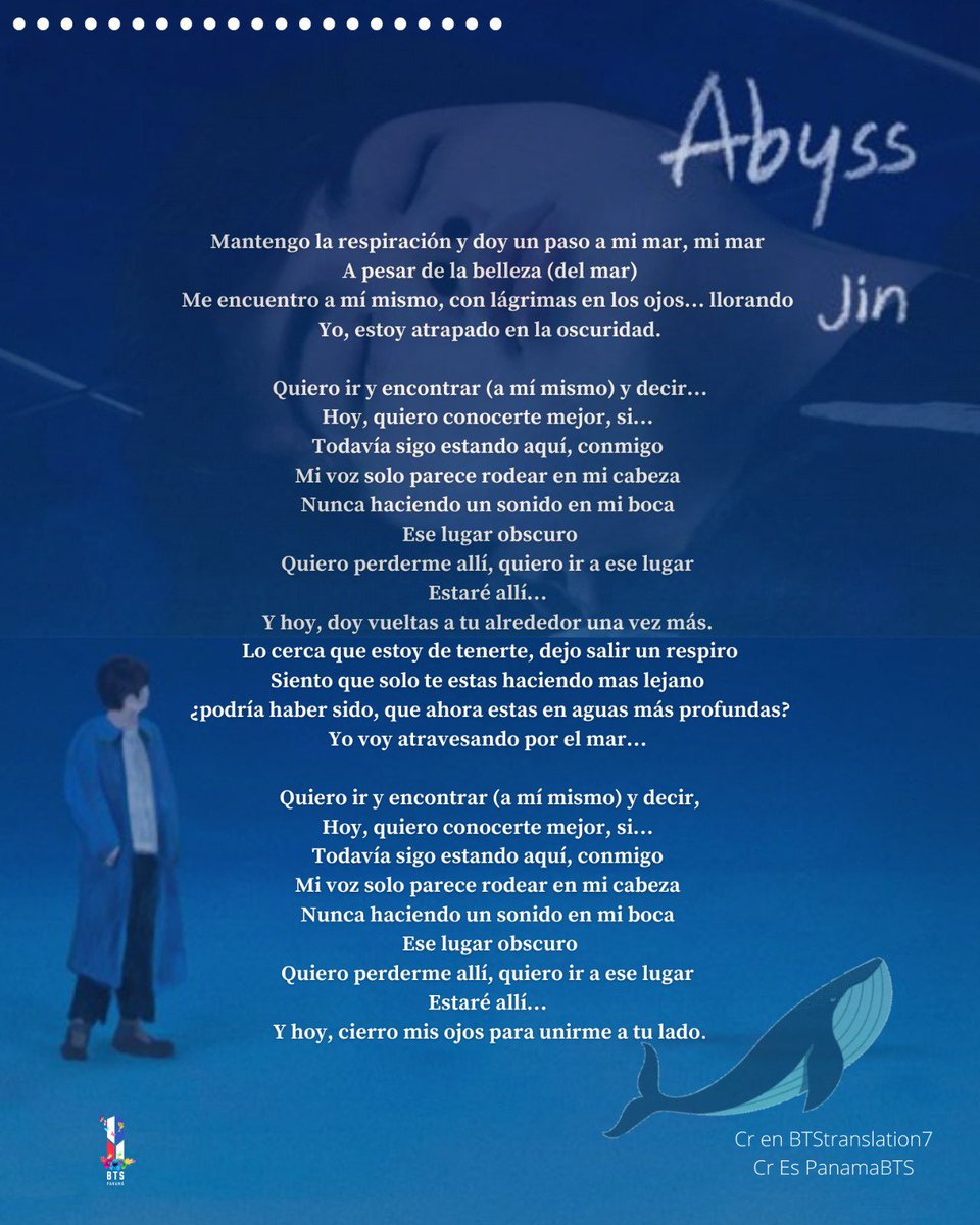 PanamaBts's tweet photo. [ #OURMOONJIN] 03-12-2020

Hola ARMY queremos compartir con ustedes la letra en español de #Abyss el pequeño regalo que Jin nos ha dado en su cumpleaños, ademas un pequeño mensaje para nosotros. 

#HAPPYJINDAY @BTS_twt 🐹💜 

Cr PanamaBTS https://t.co/knvTHnnMXp