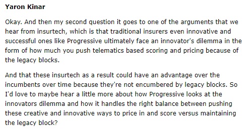Someone asked  $PGR about telematics recently in their earnings call, with the question clearly phrased about  $ROOT's claims of an innovator's dilemma.