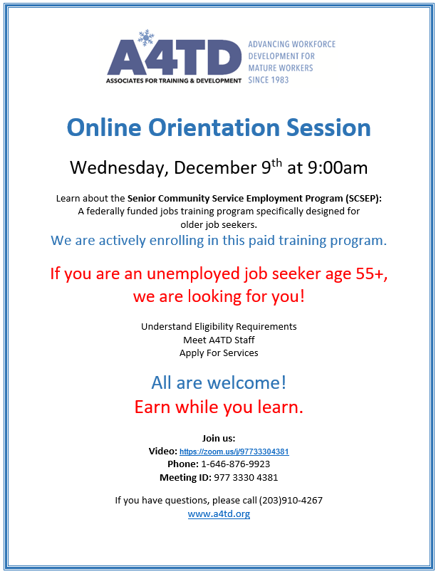 NHFPL's tweet image. Are you age 55+ and looking for work? Join an online orientation next Weds. to learn about the Senior Community Service Employment Program (SCSEP): A federally funded jobs training program specifically designed for older job seekers. For more info., please call (203)-910-4267.
