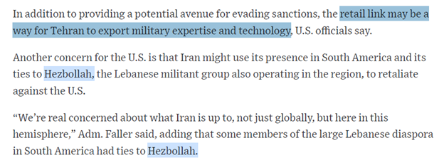 6)“Earlier this year, an Iranian conglomerate owned by the country’s military and tied to its missile program established a retail foothold in Venezuela, according to Western officials and records detailing the move.”