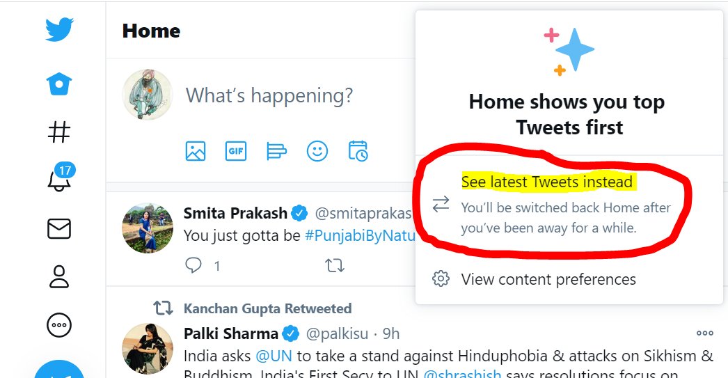 Consequently, I was unable to see MY OWN TWEETS on MY OWN TIMELINE thus far!So I chose the other option - See latest Tweets instead.VOILA!My own tweets were back on my TL, as were those of some other like-minded people who too didn't make the cut wrt 'TOP' Tweets!